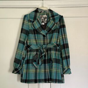 MAC & JAC Belted Mid-Length Plaid Pea Coat / Trench Jacket Size L